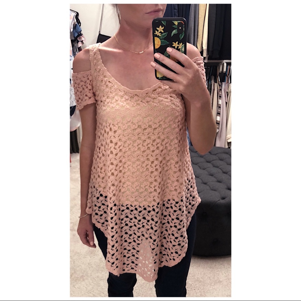 VENUS Light Pink Cold Shoulder Crocheted Top
